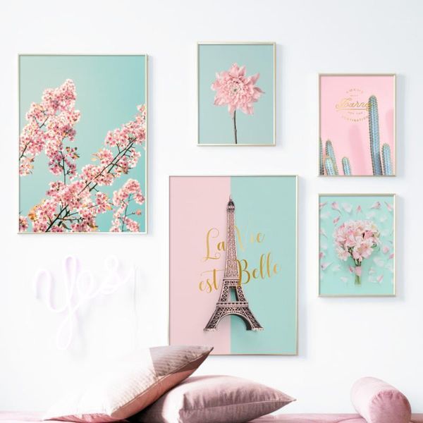

paintings paris tower cactus flower peach blossom wall art canvas painting nordic posters and prints pictures for living room decor1