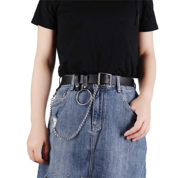 

2020 punk faux leather belt metal chain ring street dance decor waist strap belt fashion adjustable dress jeans belts, Black;brown