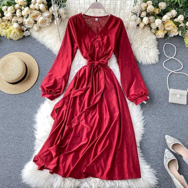 

women travel seaside v-neck long lantern sleeve high waist thin a-line dress solid color casual vestidos l2481, Black;gray