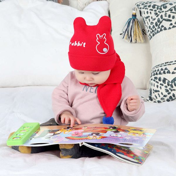 

children's autumn winter infant knitted scarf two newborn piece baby wool cap, Red;brown