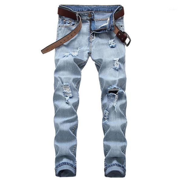 

men jeans ripped pants 100% cotton new pants jeans straight brand printing hole destroyed plus size1, Blue
