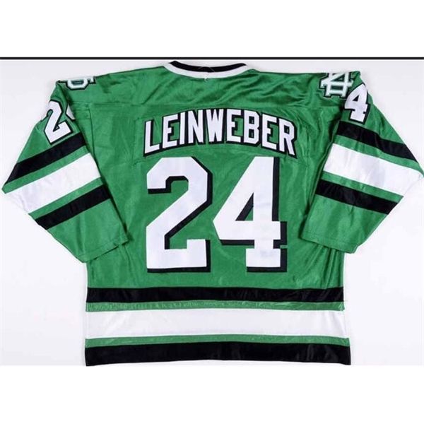 

rare men real full embroidery north dakota game worn #24 chris leinweber white black green jersey s-4xl or custom any name or number jersey