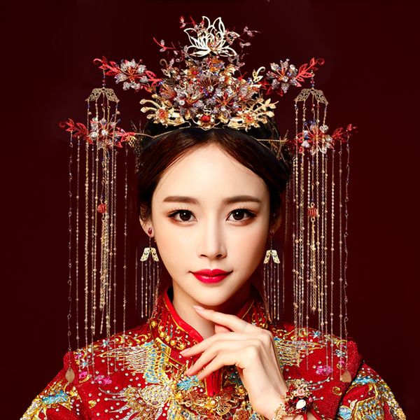 

невеста женщина роскошь кисточкой древний костюм китайский феникс корону свадьбы xiuhe головной убор 2020 новый стиль, Silver