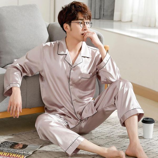 

striped summer pajamas suit long pants silk bamboo satin short men warm pajamas matching silk trousers pijama underwear eg50sy, Black;brown