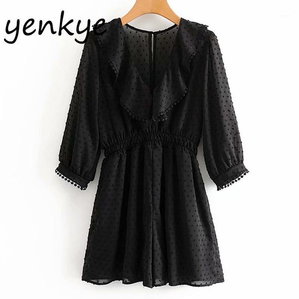 

vintage black dotted summer jumpsuit women semi-sheer v neck three-quarter sleeve casual romper short overalls aazz96821, Black;white