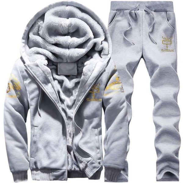 

suit men's winter plush leisure two sports piece set of thickened warm hooded cardigan coat, Gray