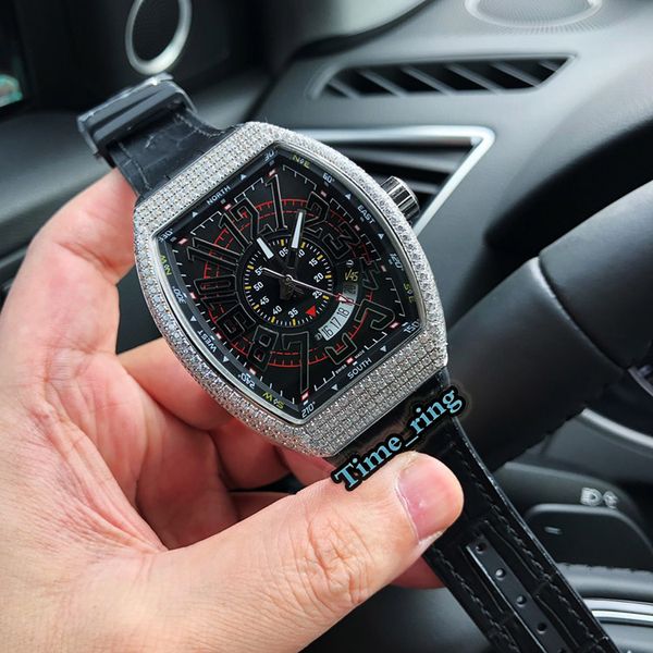 

edition v 45 sc dt black date dial silver diamond case automatic mechanical movement mens watch black leather strap designer watches, Slivery;brown