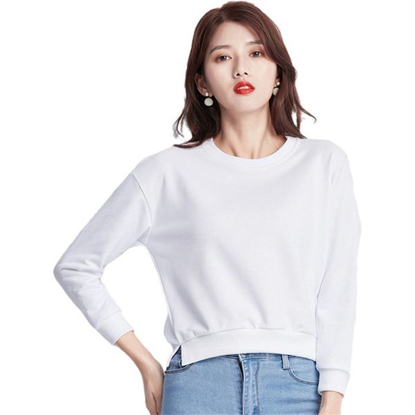 

women hoodies round neck sweater fashion woman short loose solid color casual sweatshirts long sleeve hooded y074, Black