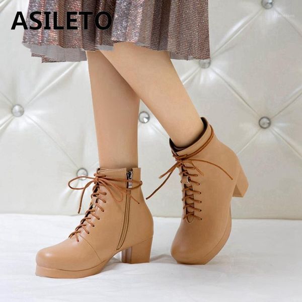 

asileto women ankle boots round toe square heel 5.5cm platform pu lace-up short plush non-slip lolita big size 32-48 b21441, Black