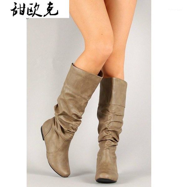 

boots 2021 winter women's fashion flat-heel pu high-snow round toe mid-calf warm zapatos de mujer1, Black