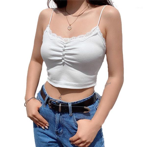 

ladies summer v-neck camisole girls fashionable solid color lace splicing sleeveless midriff-baring for dating shopping1, White
