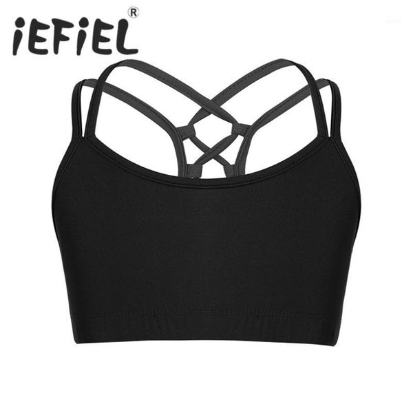 

children kids girls criss cross back tanks bra crop ballet dancewear clothes for ballet dance stage performance workout1, Black;red