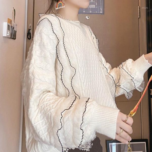 

ruffle gauze patchwork pullover jumpers o neck long sleeve sweater women pull femme casual loose korean 3d0881, White;black