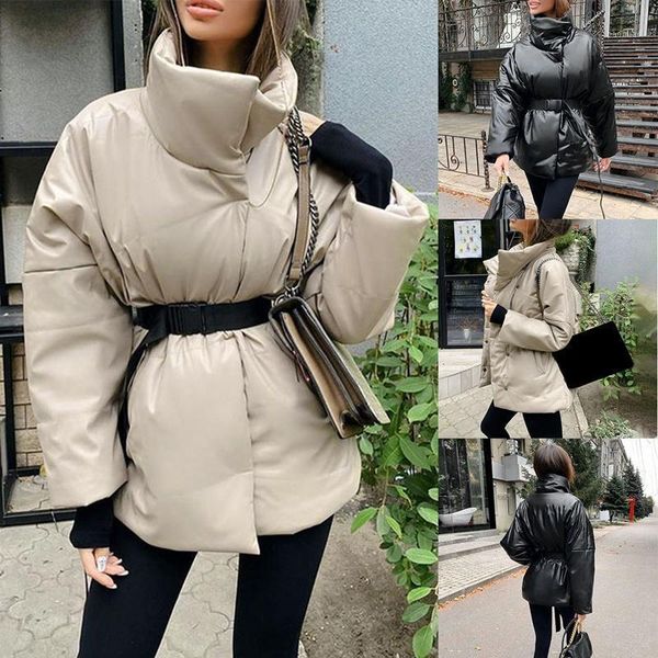 

women winter trench coat warm cotton coat solid color lady lace up fashion outwear1, Tan;black