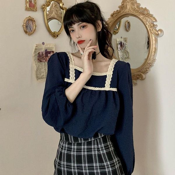 

korean patchwork blouse women vintage square collar puff sleeve shirts spring autumn elegant blouses blusas mujer, White