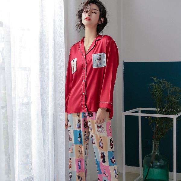

2021 new spring and autumn women's pajamas drop sweet imitation home silk threads pattern two suit parts cu5b, Black;red