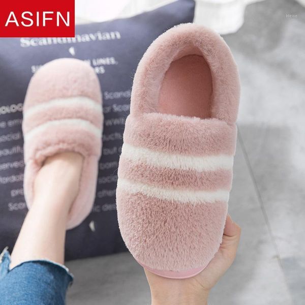 

asifn faux fur winter home women men slippers warm classic stripes bedroom non-slip couples flock indoor women's slippers1, Black