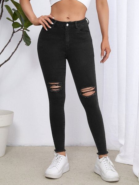 

lesdomakeup x squad ripped raw hem skinny jeans 39bu#, Blue