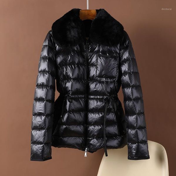 

down jacket women winter style 90 white duck down short hair collar loose coat drawstring at waist slant pocket1, Black