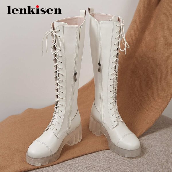 

boots lenkisen equestrian genuine leather cross-tied platform coolest round toe thick high heel zipper star knee l25, Black