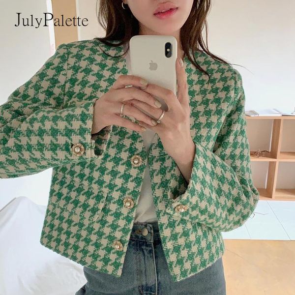 

julypalette green plaid women tweed short coat long sleeve streetwear female outwear autumn winter high waist ladies jackets, Black;brown