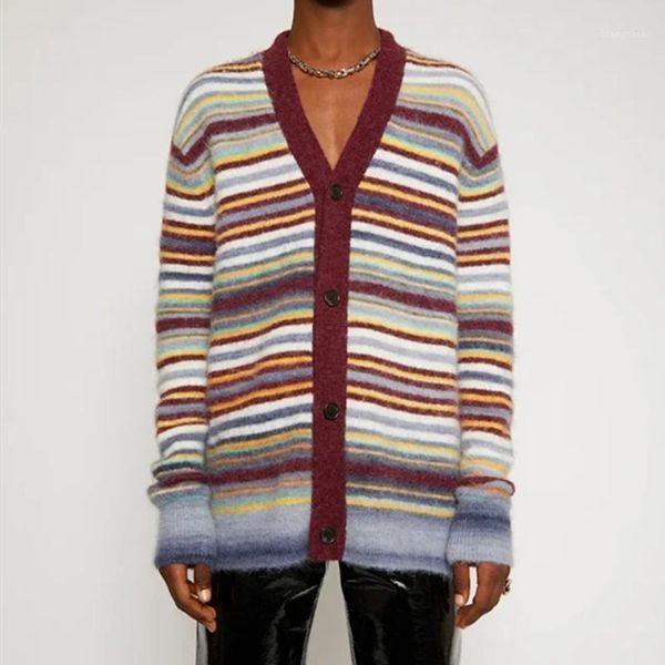 

knitted cardigan 2020 early autumn colorful stripes v-neck single-breasted sweater women and men knitwear outwear, White