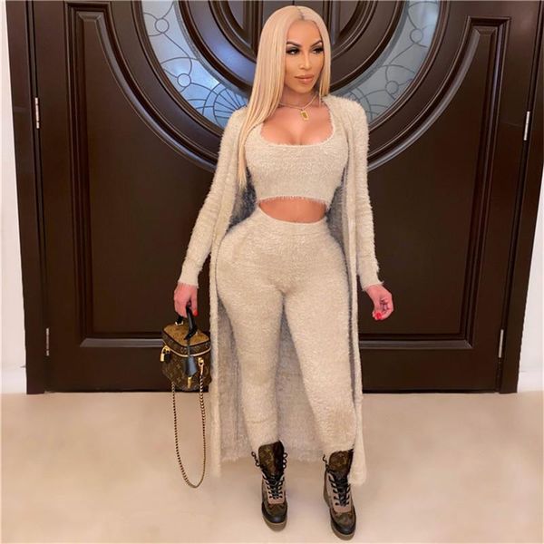 

women's tracksuits winter warm fuzzy furry gym sweater 3 piece pants set women leggings wear fitness long sleeve cardigan suit, Gray