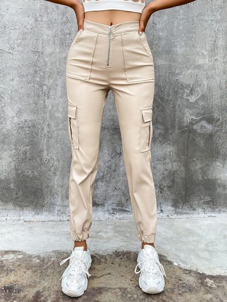 

eilly bazar slant pocket pu leather cargo pants g4hw#, Black;white