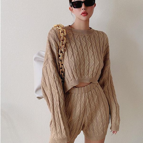 

womengaga autumn and winter fashion twist knitting pullvoers sweater + knitwear shorts two pieces set iigt, Gray