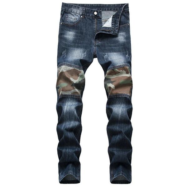 

men spring autumn fashion camouflage patchwork jeans slim fit blue jeans mens casual denim pants pantalones de hombre 42