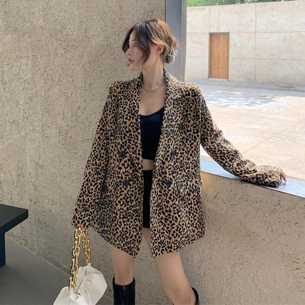 

suit net red coat female ins super fire 2020 new leopard print long-sleeved loose-fitting thin mid-length tide1, White;black