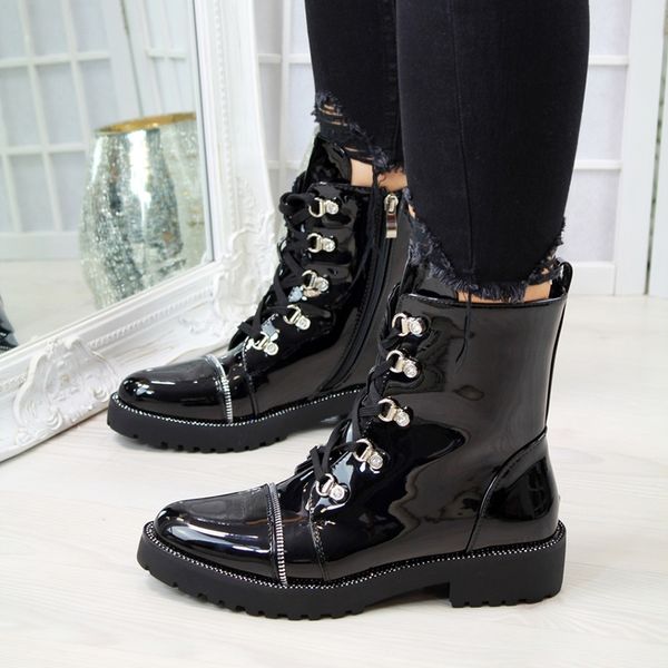 

motorcycle autumn fashion patent pu round toe lace-up combat women shoes ladies snow office boots dropshipping y200915, Black