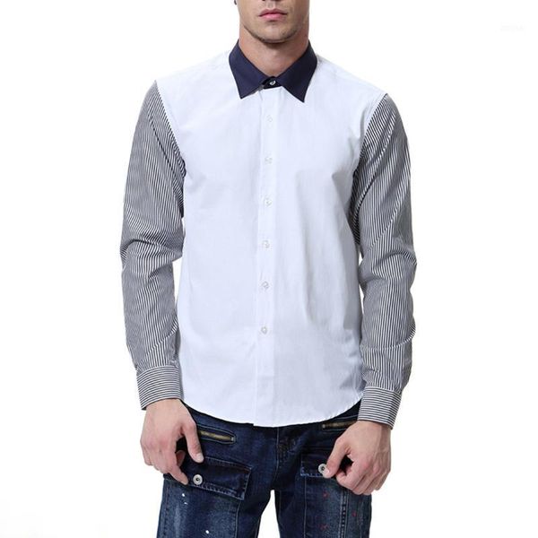 

shirt men's striped sleeve contrast color collar stitching large size long sleeve shirt casual men1, White;black