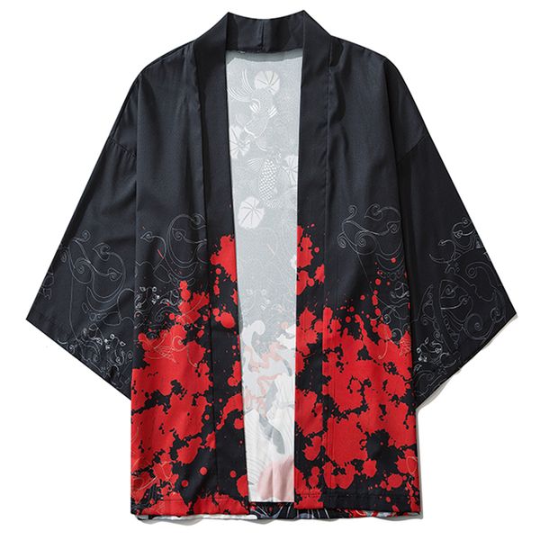 

2021 new aelfric eden japanese style carp print kimono shirt jackets summer oversized loose hip hop streetwear front open coats ynhk, Black;brown