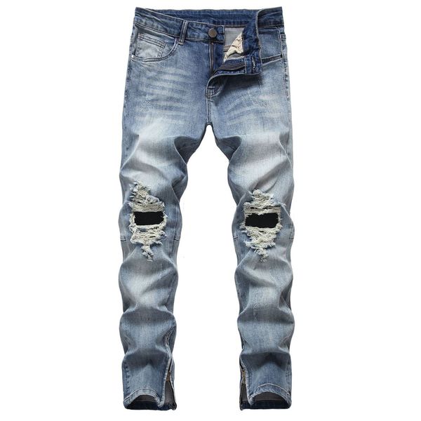 

new casual jeans leg men's elastic pierced side zipper pants, Blue