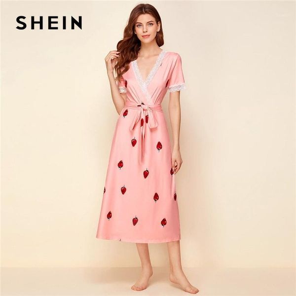 

shein pink lace trim strawberry print belted nightdress women nightwear autumn wrap v neck cute sleepwear nightgowns1, Black;red