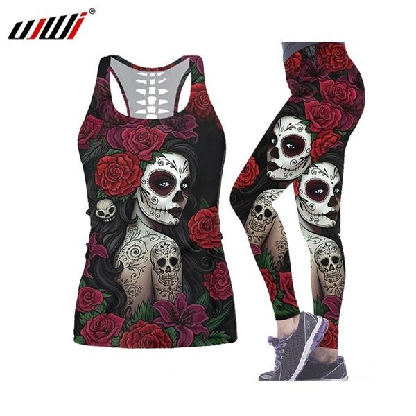 

ujwi hipster hollow tank& leggings for women 2 piece set 3d printing rose skeleton woman suit vest female casual clothes c0123, Gray