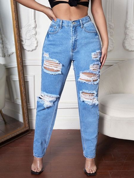 

sxy high waist ripped mom jeans w8tf#, Blue