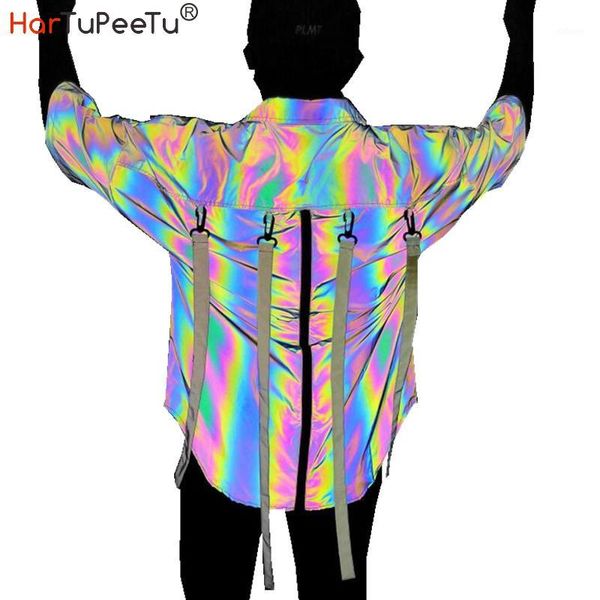 

reflective light blouse men rainbow casual shirts plus size back long zipper detachable colourful ribbons hip hop streetwear1, White;black