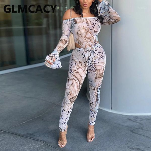 

women two piece chic suits flare sleeve bodysuit rompers & slim pants set1, Gray