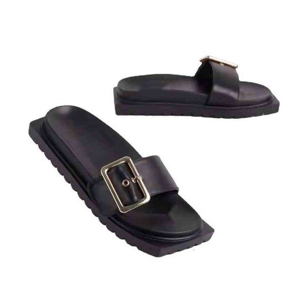 

large size beach sandals 2022 summer style square head thick bottom belt buckle slippers for women, Black