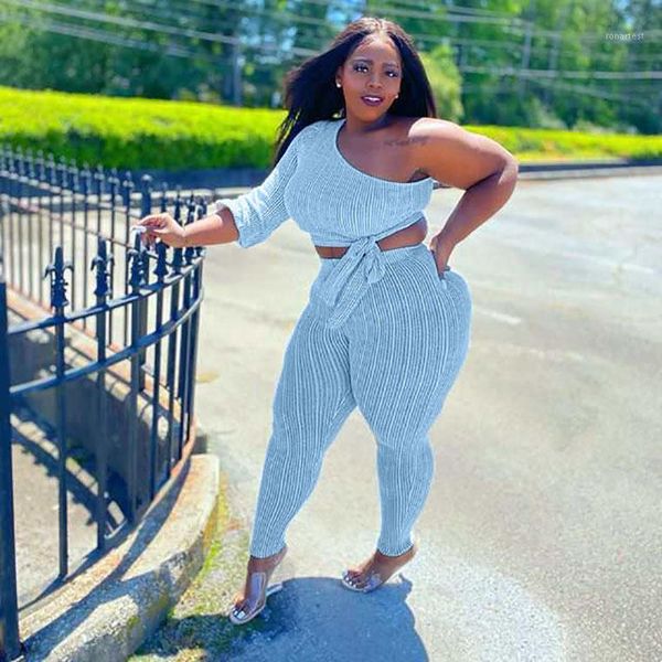 

fashion solid inclined shoulder women sets long sleeve waist drawstring crop +leggings sets suitable streetwear club1, Gray