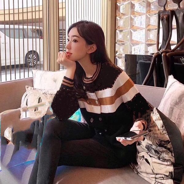 

high-quality vintage light luxury jacquard letter double - row gold button round neck sweater temperament loose stripe cardigan coat s/xl, White;black