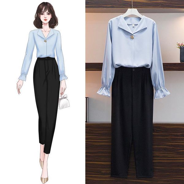 

women 2021 autumn winter office fashion two piece pants sets outfits female v-neck blouse shirt + pants suits workwear sets b561, Gray