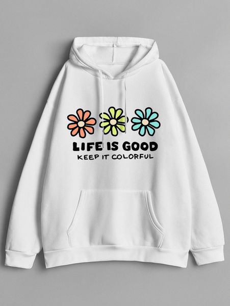 

floral & slogan graphic drawstring thermal lined hoodie t6iq#, White;black