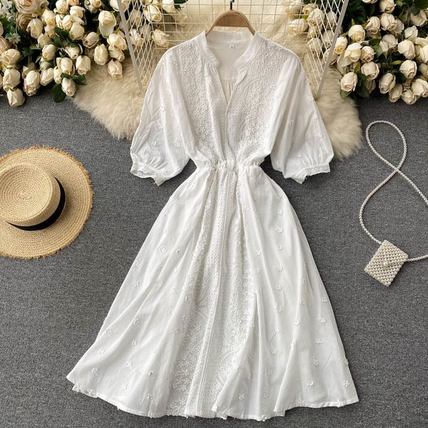 

2021 new female singiny thin cotton solid neck puff elastic waistband the line dressed summer style dress bala, Black;gray