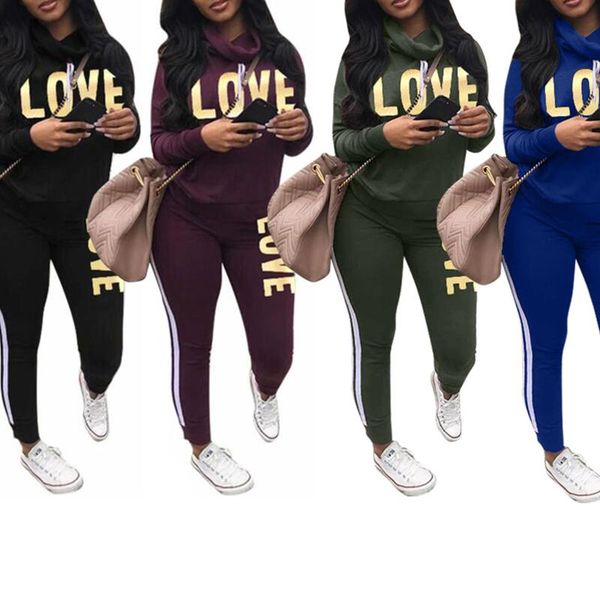 

women's tracksuits two piece suit athletic wear lapel long sleeve sportswear love letter printed pants, Gray