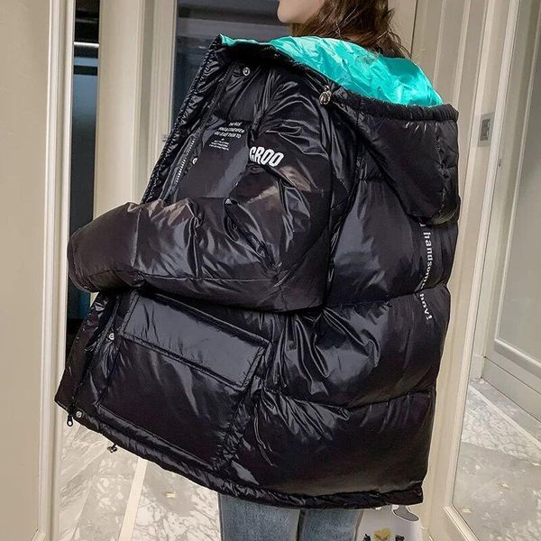 

lisyrhjh 2021 women's jacket winter new loose cotton coat short hooded thick warm shiny street female parka outwear, Black