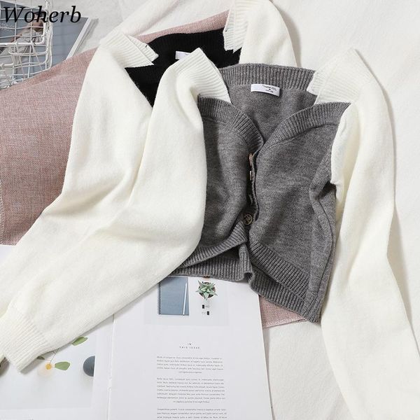 

woherb knit cropped cardigan fall 2021 women clothes crop single breasted contrast color sweater square collar sueter coat, White