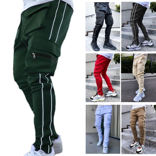 

mens pants multi pocket cargo track joggers side reflective design streetwear hip hop casual male harajuku men pant motion, Black